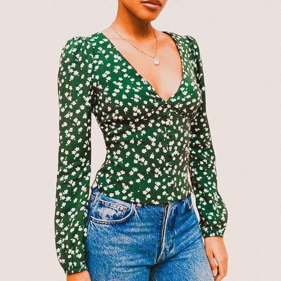 Reformation Nell Top in Annette Green Floral – Cottage Romance Blouse Small - Picture 1 of 8